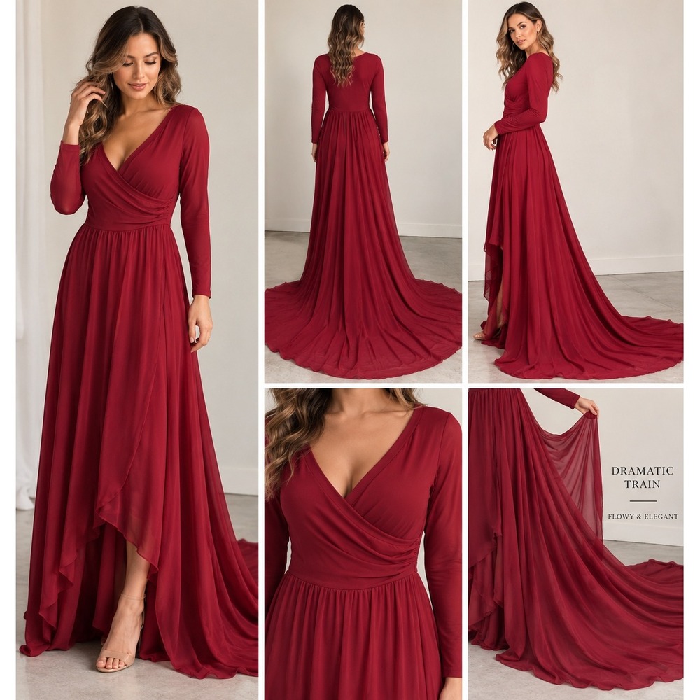 NWT YuniOne Burgundy Wraparound Dramatic Train Maxi Gown XL Photoshoot Formal